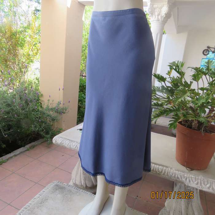 WOOLWORTHS airforce blue A-line skirt with zip at side. Size 38.Lace hemline.Poly-viscose blend.