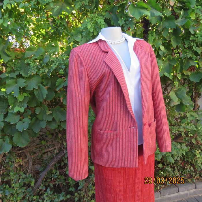 TOPICS smart woolen crimson-white- brownish vertical striped fully lined jacket. Size 36