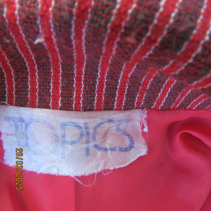 TOPICS smart woolen crimson-white- brownish vertical striped fully lined jacket. Size 36