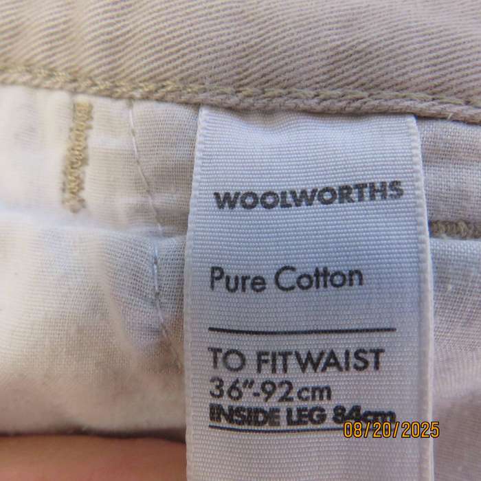 WOOLWORTHS pure cotton chino pants in beige size 36. Pockets sides and back.
