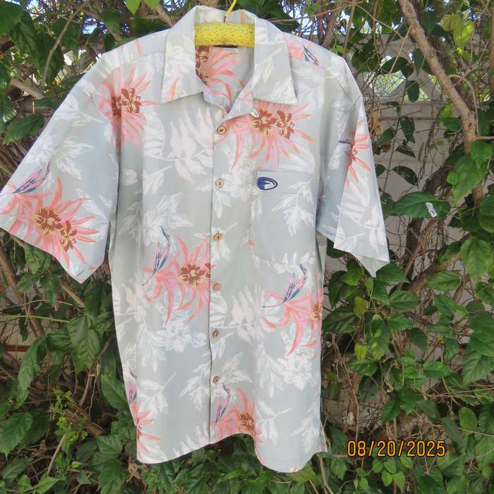 FRONTLINE short sleeve cotton shirt in mint green with peach-white print. Size M
