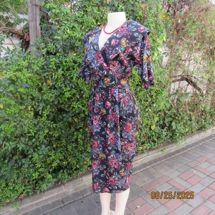 GEORGE R black rayon dress with blue-red-yellow floral print. Size 36