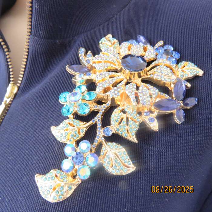 Blue stone on golden base very large brooch-decoration. 6 different stones. New