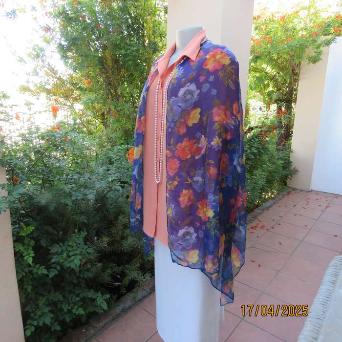 Royal blue 185 x 70cm soft polyester scarf with yellow-orange-blue flowers,. New