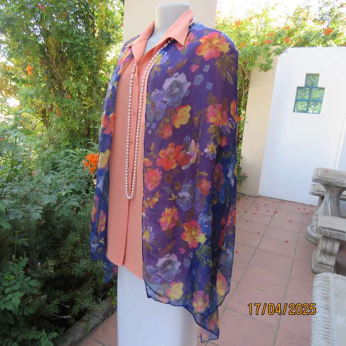 Royal blue 185 x 70cm soft polyester scarf with yellow-orange-blue flowers,. New