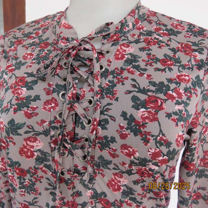 ONLY long fully lined stretch polyester mouse grey with red-green flowers. Size 32