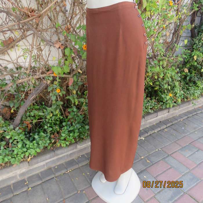 FOSHINI golden brown maxi viscose skirt with 6 button closure at side. Size 38