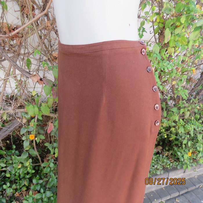 FOSHINI golden brown maxi viscose skirt with 6 button closure at side. Size 38