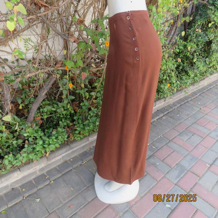 FOSHINI golden brown maxi viscose skirt with 6 button closure at side. Size 38