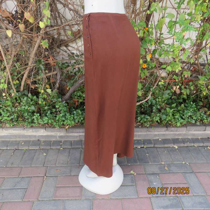 FOSHINI golden brown maxi viscose skirt with 6 button closure at side. Size 38