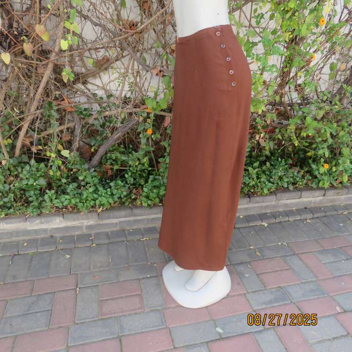 FOSHINI golden brown maxi viscose skirt with 6 button closure at side. Size 38