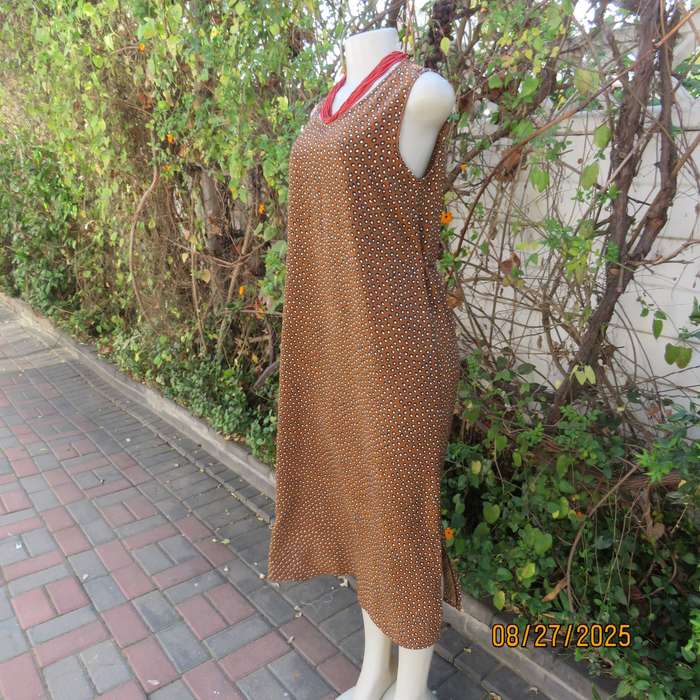 Caramel ankle length shift dress with black-white tiny circles. Size 36