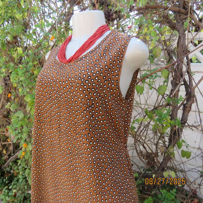 Caramel ankle length shift dress with black-white tiny circles. Size 36