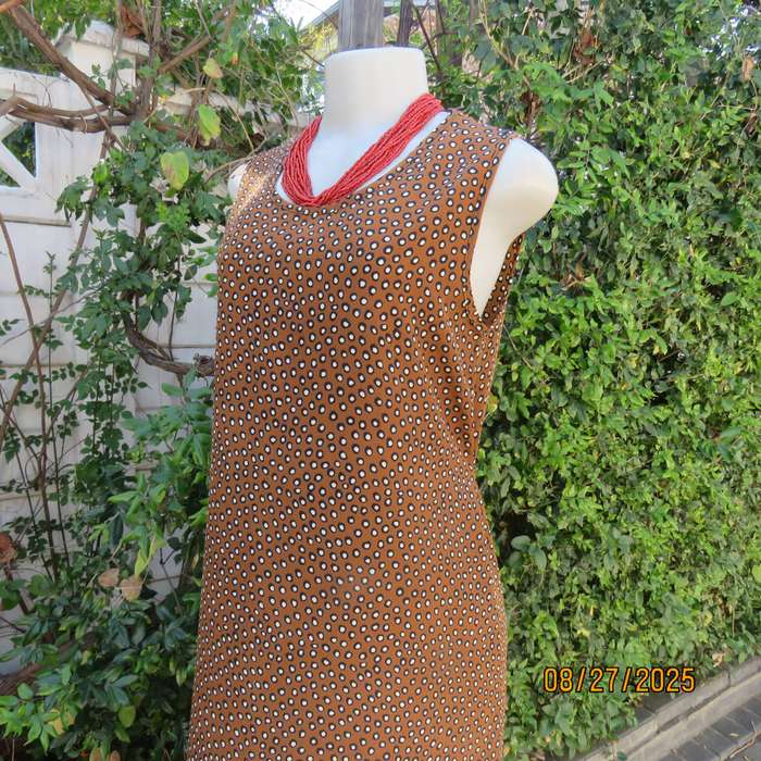 Caramel ankle length shift dress with black-white tiny circles. Size 36