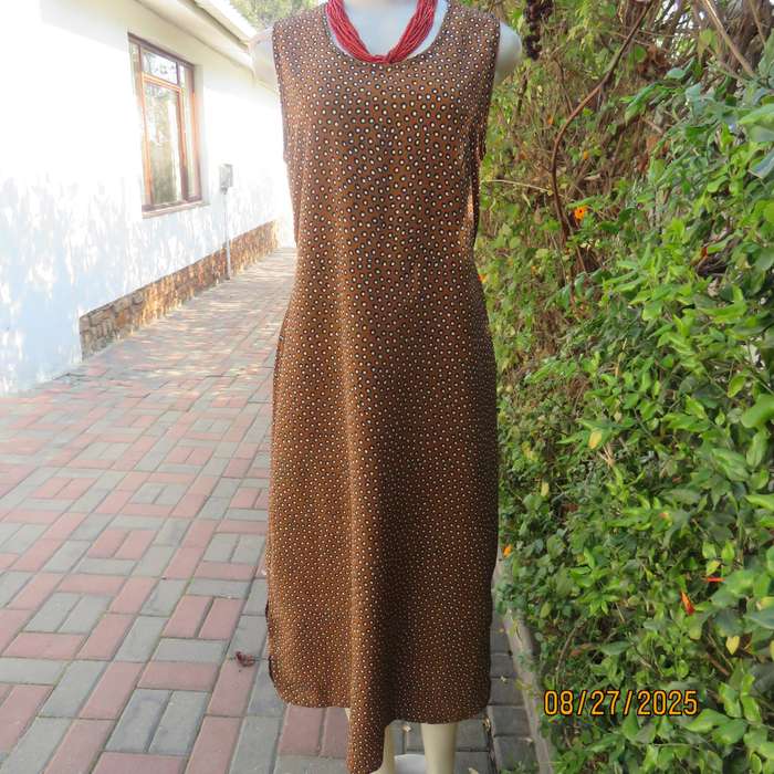 Caramel ankle length shift dress with black-white tiny circles. Size 36