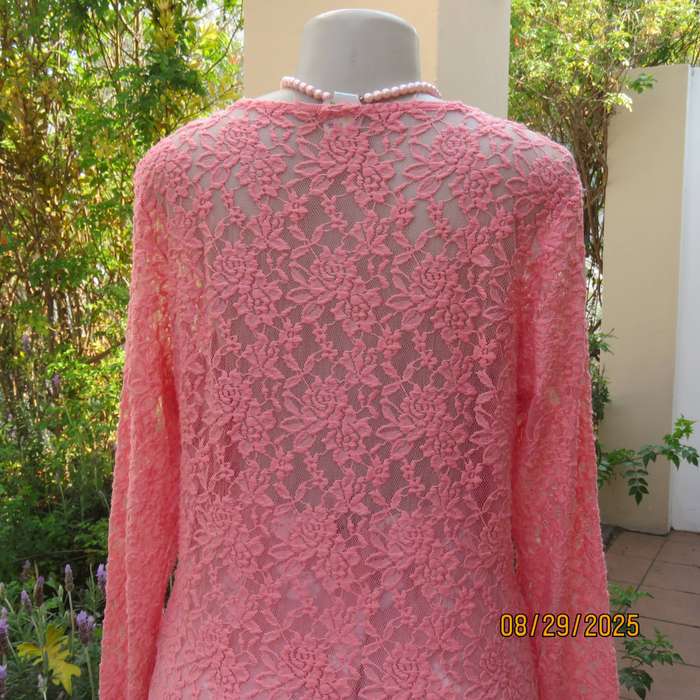 Salmon pink nylon floral lace long sleeve top with polyester stretch front lining. Size 38-40
