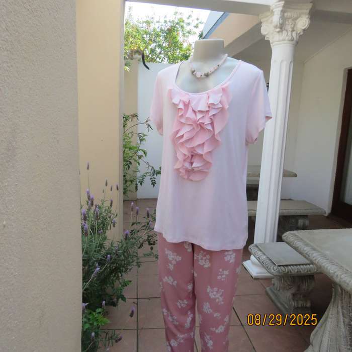 Sorbet pink short sleeve slip over cotton-modal top with frill cascade. Size 42