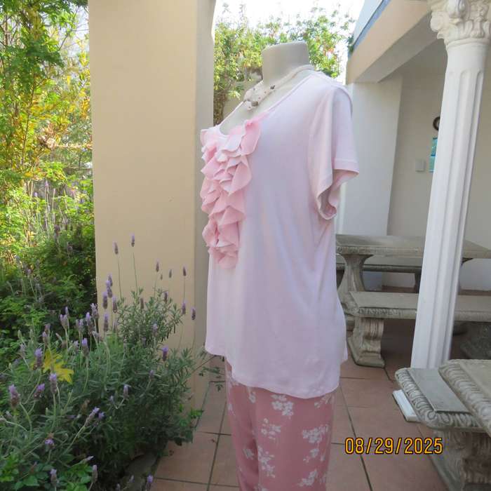Sorbet pink short sleeve slip over cotton-modal top with frill cascade. Size 42