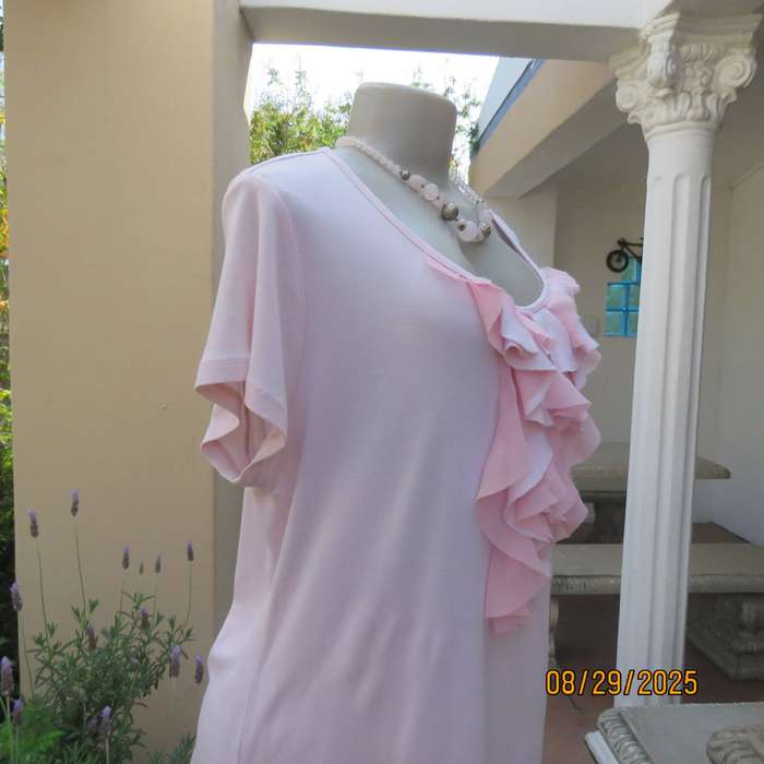 Sorbet pink short sleeve slip over cotton-modal top with frill cascade. Size 42