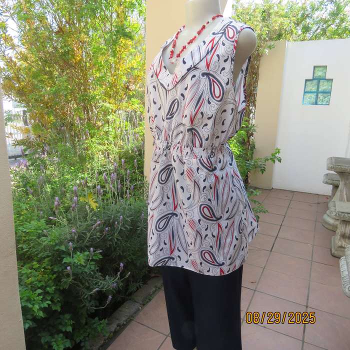 DONNA CLAIRE white cotton long sleeveless top with red-blue print. Size 44