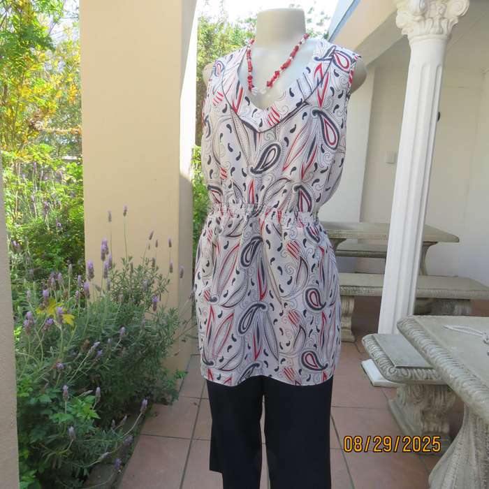 DONNA CLAIRE white cotton long sleeveless top with red-blue print. Size 44