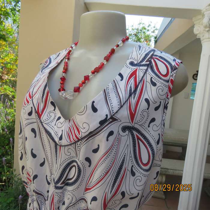 DONNA CLAIRE white cotton long sleeveless top with red-blue print. Size 44