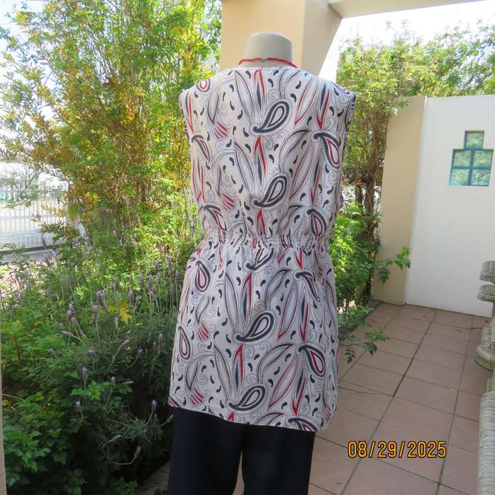 DONNA CLAIRE white cotton long sleeveless top with red-blue print. Size 44