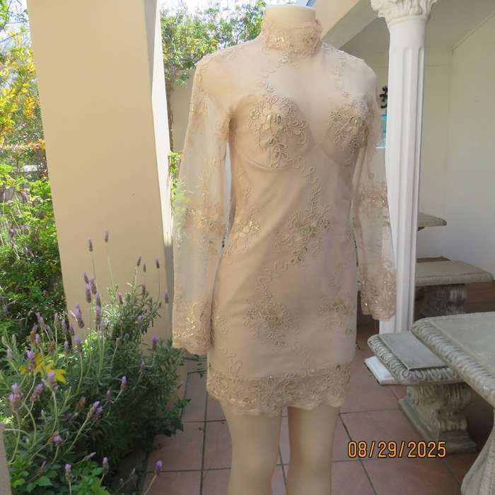Gold colour richly embroidered mini dress in satin and sheer fabric. Size 30-32