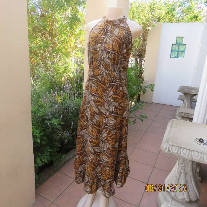 Autumn leaf print slip over ankle length viscose sleeveless dress. Size 34