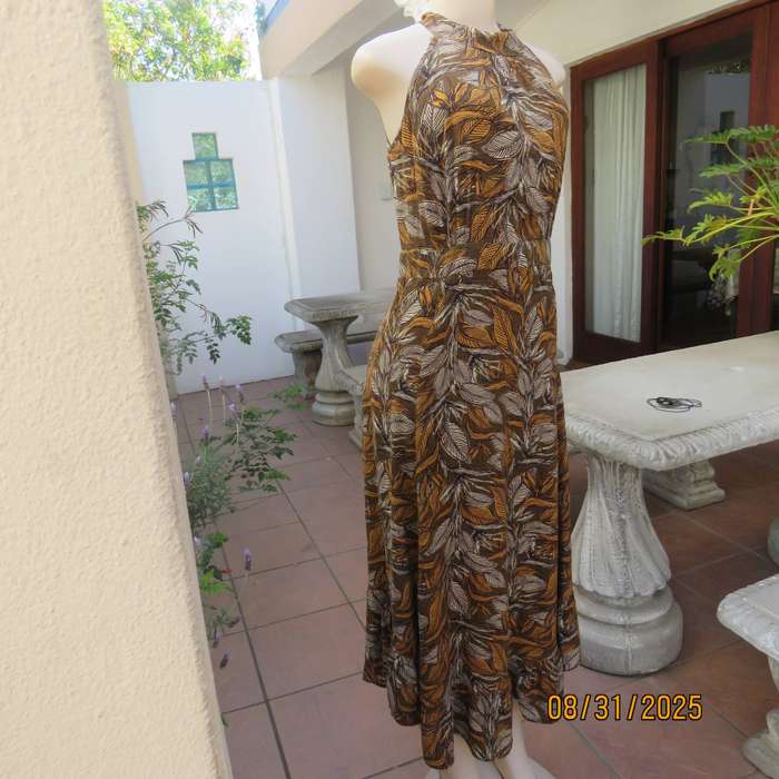 Autumn leaf print slip over ankle length viscose sleeveless dress. Size 34