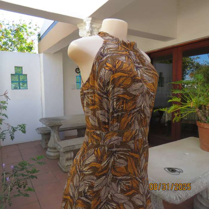Autumn leaf print slip over ankle length viscose sleeveless dress. Size 34