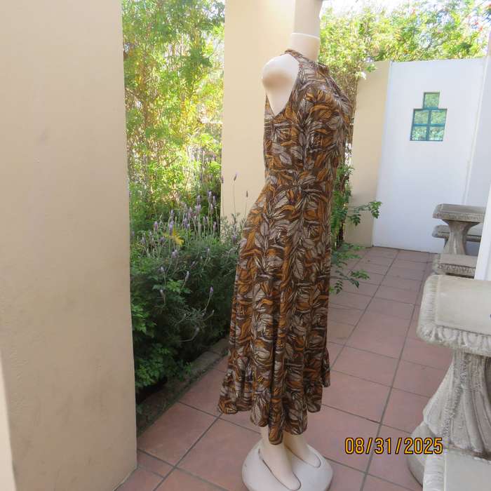 Autumn leaf print slip over ankle length viscose sleeveless dress. Size 34