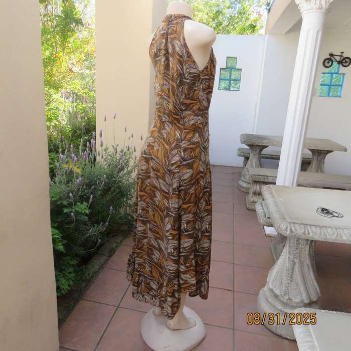 Autumn leaf print slip over ankle length viscose sleeveless dress. Size 34