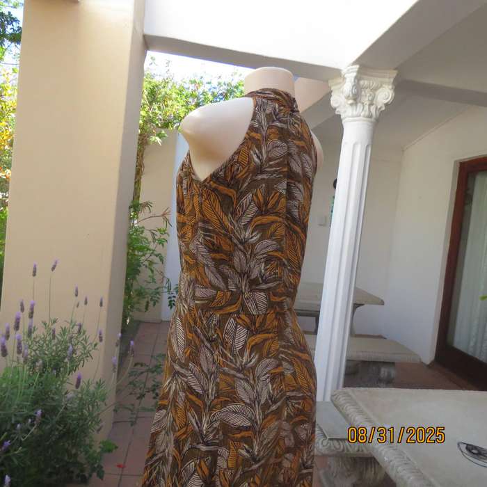 Autumn leaf print slip over ankle length viscose sleeveless dress. Size 34