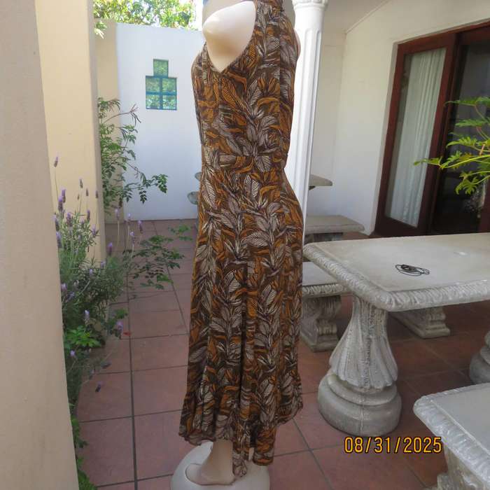 Autumn leaf print slip over ankle length viscose sleeveless dress. Size 34