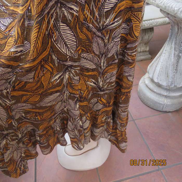 Autumn leaf print slip over ankle length viscose sleeveless dress. Size 34