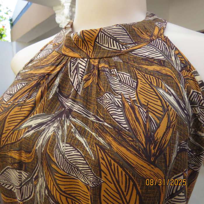 Autumn leaf print slip over ankle length viscose sleeveless dress. Size 34