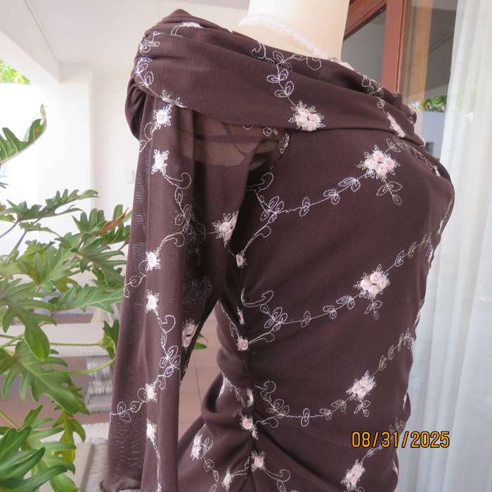 TRUWORTHS sheer brown embroidered lined size 32 dress. Fold over collar.