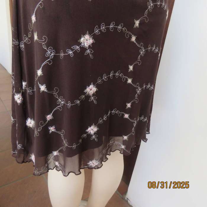 TRUWORTHS sheer brown embroidered lined size 32 dress. Fold over collar.