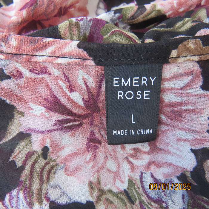 EMILY Rose black-pink floral sheer polyester cross over top size 38