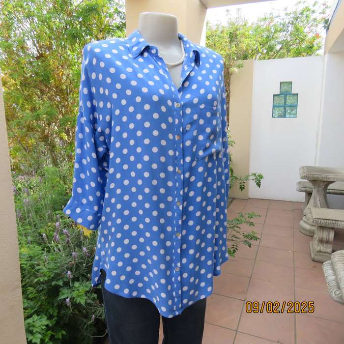 Cornflower blue with white polkadot button down top size 40