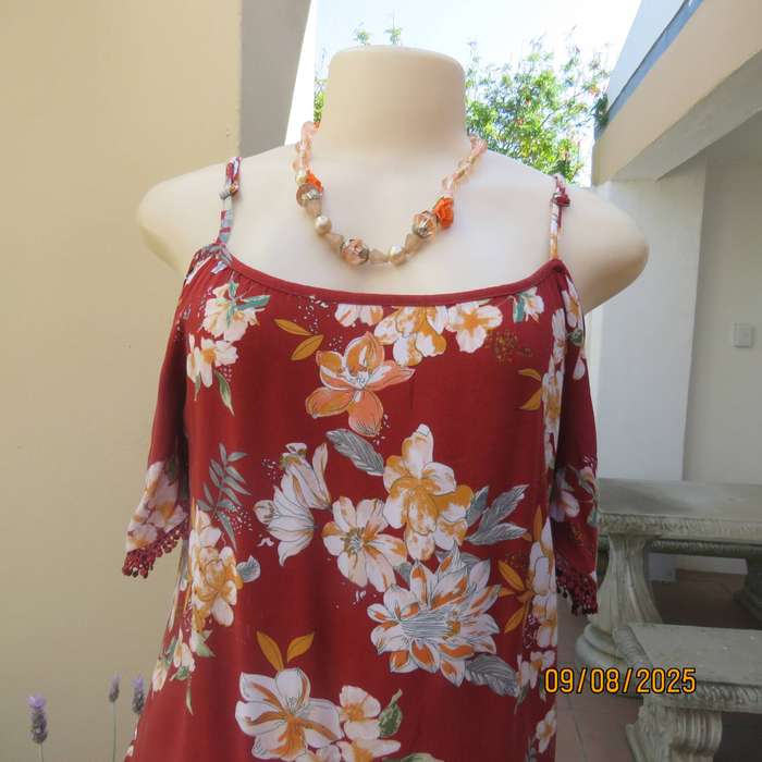 Brick colour open shoulder-strappy viscose floral top in size 34
