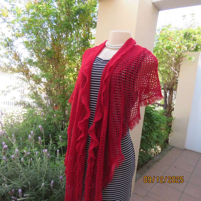 Ruby red stretch acrylic knit stole size 160cm x 50cm. With frill and fringed.