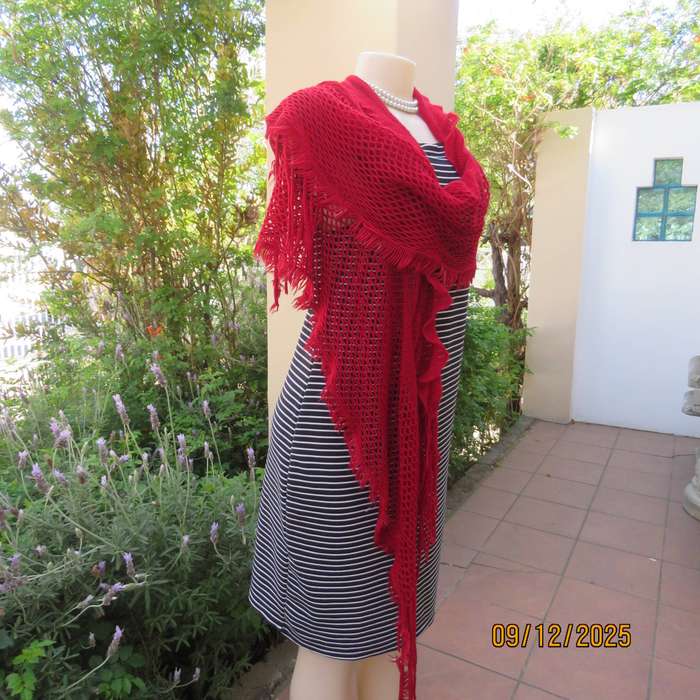 Ruby red stretch acrylic knit stole size 160cm x 50cm. With frill and fringed.