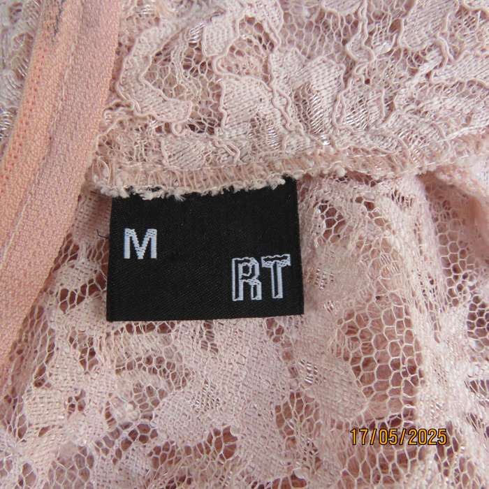 RT pale peach polyester lace mini dress with stretch poly lining. Size 32. Pleated bottom
