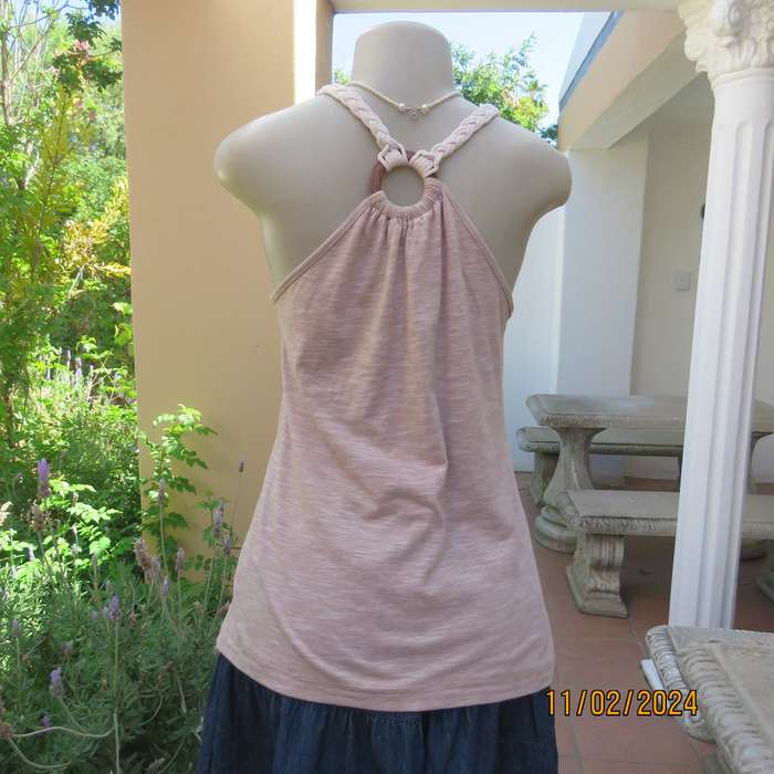Sexy mottled beige-white polycotton top with braided rope straps. Size 34. Wooden buckle at back.