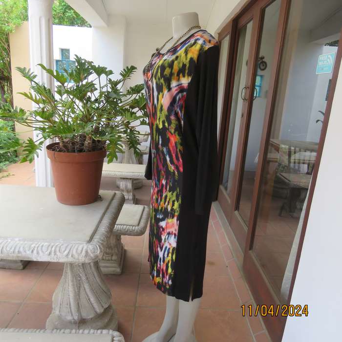 MARIQUE YSSEL ankle length black viscose stretch dress with poly stretch contrast inlay. Size 34.