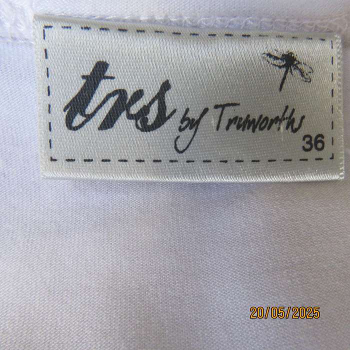 TRUWORTHS cool white sleeveless top with red-blue geometric print. Size 36.