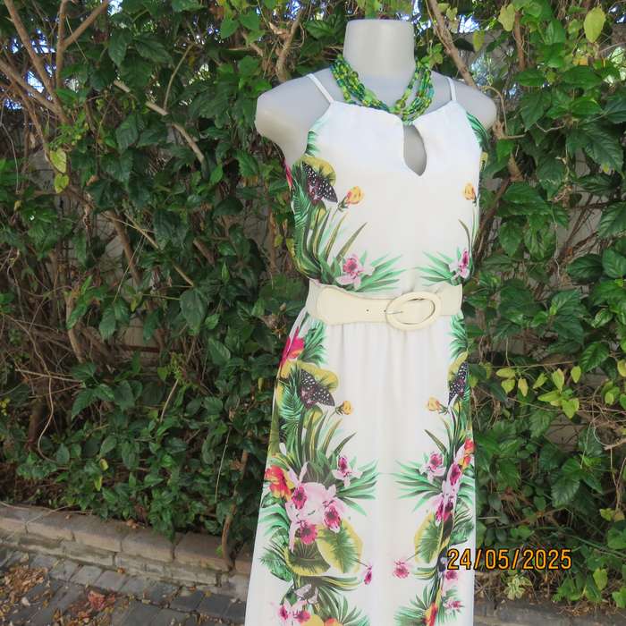 Ankle length long white sheer polyester cheerful floral strappy dress. Lined. Size 32.
