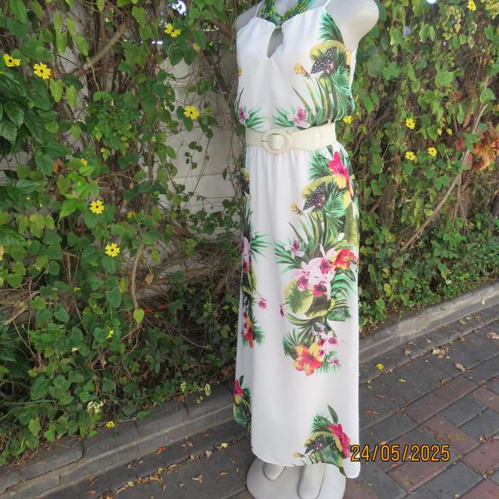 Ankle length long white sheer polyester cheerful floral strappy dress. Lined. Size 32.